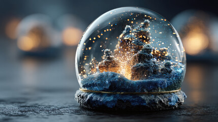 Futuristic crystal sphere glowing with intricate blue fractal patterns, sitting on icy snow, representing winter technology and digital connectivity