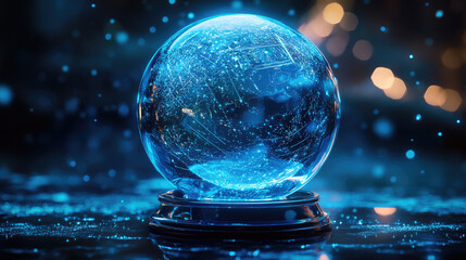 Glowing futuristic crystal ball displaying an intricate digital network across a global sphere. Symbolizing advanced technology. Data connectivity