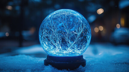 Futuristic crystal sphere glowing with intricate blue fractal patterns, sitting on icy snow, representing winter technology and digital connectivity