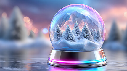 Holographic snow globe creating a fantasy winter landscape with abstract geometric reflections and shimmering lights, symbolizing holiday spirit and futuristic celebration