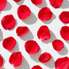 Fototapeta premium Bright Red Rose Petals Arranged on a White Background for Design