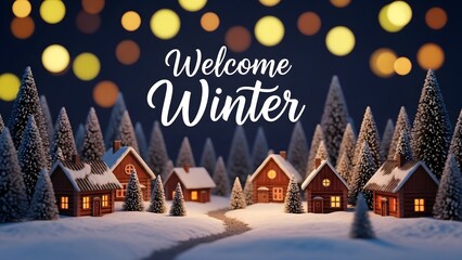 Welcome winter greeting card with snowy village, pine trees, and bokeh lights