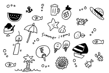 夏の手描きアイコンセット｜スイカ・アイス・ヤシ・ビーチ・海のモチーフが散りばめられた線画素材