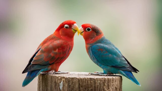 Colorful parrots touching beaks while perched on wooden post  