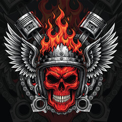 Fiery Skull with Helmet and Wings Illustration.