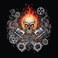 Fototapeta premium Flaming Skull with Gears and Pistons Artwork.