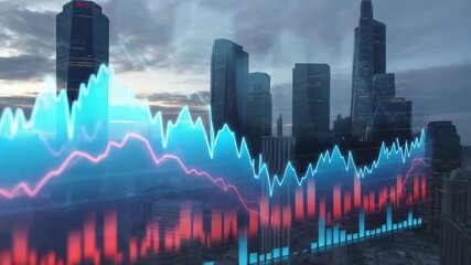 Vibrant financial data visualization with glowing lines and bars over a city skyline finance stock market - Powered by Adobe