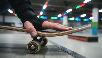 A close detailed view of a hand holding a skateboard in an indoor skatepark representing action balance and urban sports culture