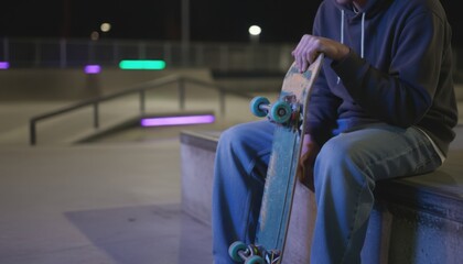 Person sitting at skatepark holding skateboard in evening setting as colorful neon lights illuminate the urban scene with a reflective contemplative mood