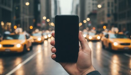hand holding smartphone in busy city street with taxi symbolizing modern connection and urban mobility trend in new york during rainy evening