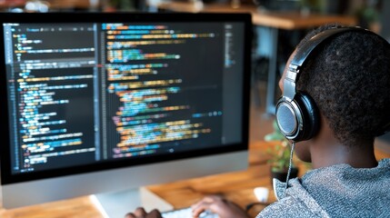 Young professional focuses intently on complex illuminated programming script displayed on a desktop monitor while wearing over-ear audio gear