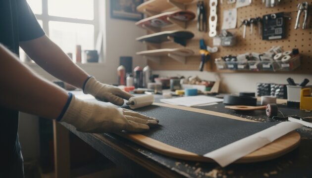 A person working in a workshop carefully applies grip tape to a skateboard on a wooden table surrounded by tools and crafting materials