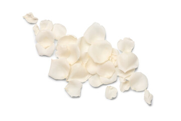 Heap of beautiful rose petals isolated on white background