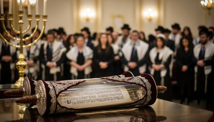A sacred scene showing an ornate Torah scroll displayed before a gathered congregation in a synagogue setting emphasizing religious devotion tradition and communal spiritual practice