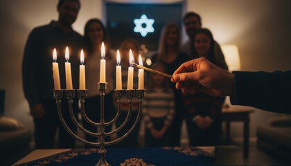 A family gathered as candles are lit on a traditional menorah during the Hanukkah celebration illuminated by warm evening light and expressing cultural continuity and joy