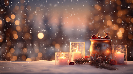 A warm Christmas still life with glowing candles, a golden pot filled with ornaments, pine branches and falling snow, set against a soft bokeh background creating a festive winter atmosphere