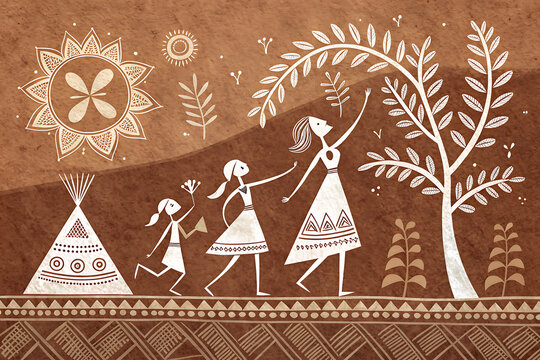 Warli tribal art background, hand-drawn white figures on earthen brown texture