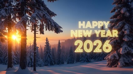 Happy new year 2026 greeting in snowy winter forest landscape at sunrise or sunset