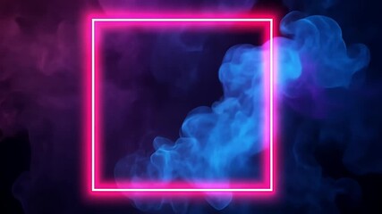 Glowing pink neon square frame with colorful smoke. Abstract animated background with blue and purple vapor. Modern futuristic design with copy space for text