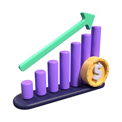 3D Bar Chart with Upward Arrow and Dollar Coin for Business Growth