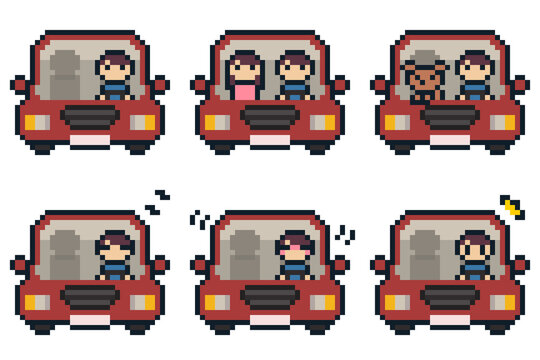 8-bit pixel art different set of situations for the driver of the car
