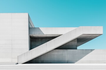 Modern minimalist architecture featuring an angular white building with large concrete stairs leading to it against a clear blue sky