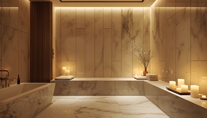 Luxury Spa Bathroom with Marble Interior and Candlelight