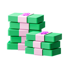 3D Stacked Money Bundles Illustration in Green and Pink