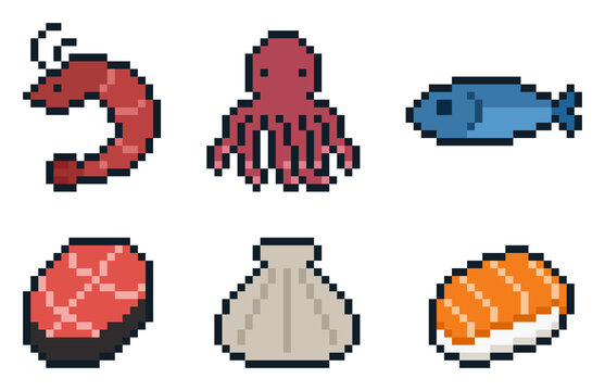8-bit pixel art 6 seafood icon set