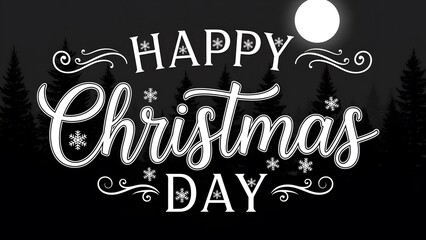 Fototapeta premium Happy christmas day greeting with snowflakes and moon in a dark forest silhouette