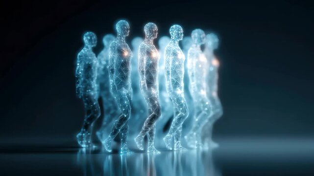 Holographic representation of agentic autonomy showcasing multiple figures in a digital format, emphasizing the interplay of technology and agency