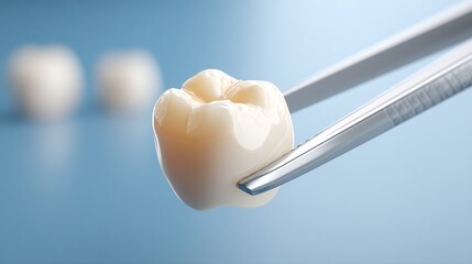 Close-up shot of a manufactured tooth held by metal tweezers, highlighting dental restoration and precision.
