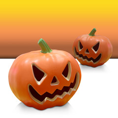 Two halloween pumpkins on white floor, wall yellow and orange background, object, vegetable, eat, ancient, antique, ghost, collectible, copy space
