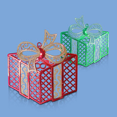 two red and green plastic gift box is placed on a blue background, fashion, gift, decor, decoration, object, ancient, antique, copy space