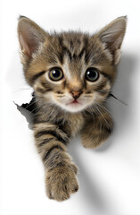 Obraz premium Cute Tabby Kitten Peeking Through Torn Paper on White