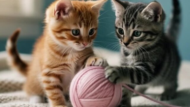 Two cute kittens playing a pink yarn ball
