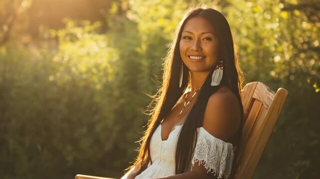 young native american woman relaxing in wooden chair outdoors at sunset. wearing feather earrings and white boho dress. serene summer nature portrait. wellness, lifestyle blog.