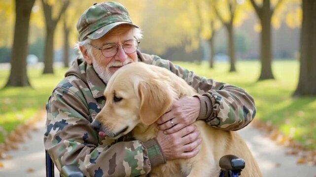 An elderly veteran on a wheelchair embracing a cute fluffy dog in the sunlit park