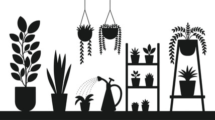 Naklejka premium Black silhouette of various potted plants on shelves and hanging with a watering can shelf