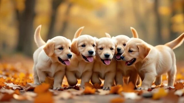 Group of cute puppies walking on the autumn leaves carpet in the forest
