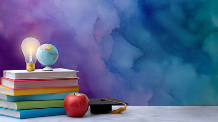 International Day of Education Colorful Watercolor Background with Books and Globe