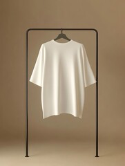 White shirt on a black hanger displayed against a brown background in a studio setting.