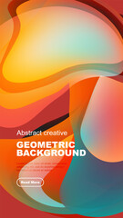 Fluid shapes overlap, creating vibrant gradients. Modern design features text, button, dark background. Abstract composition evokes energy, movement.