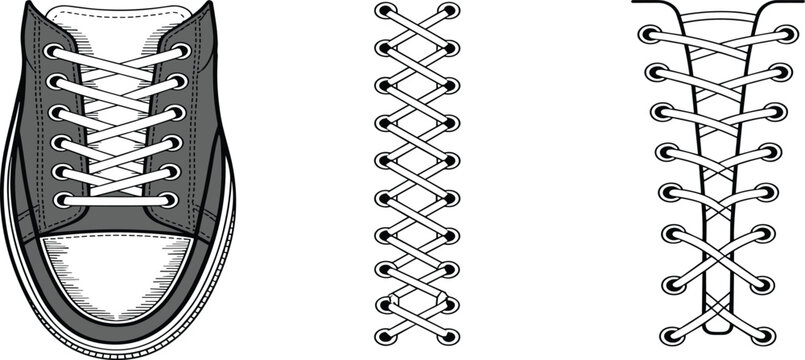Set of three detailed shoe lacing patterns including cross lacing and bar lacing, black and white footwear technical sketch vector illustration