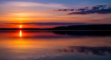 Naklejka premium Brilliant sun dips below distant horizon reflecting vibrant colors across still water