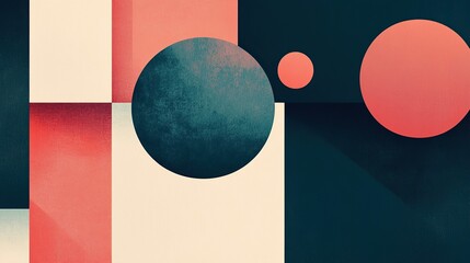 Geometric abstraction featuring circles and rectangles in a palette of muted blues, oranges, and creams.