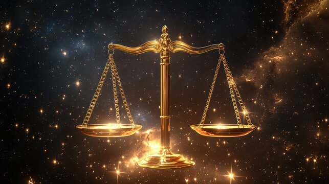 Golden scales of justice in cosmic space background. Ideal for astrology, law, or philosophy themes