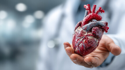 Doctor's hands holding a realistic human heart model, symbolizing organ donation, advanced cardiac surgery, medical care, health concepts, and the future of transplantation medicine