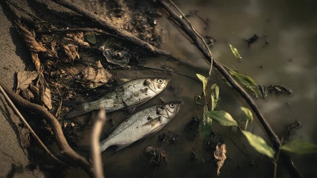 Environmental Tragedy: Two dead fish floating in dark, polluted water by the bank
