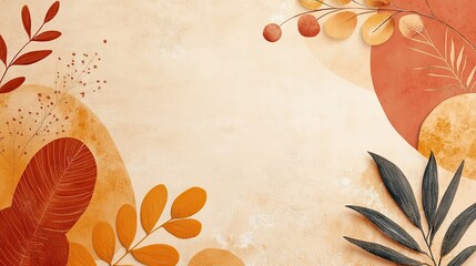 Abstract botanical illustration with leaves and berries in warm earth tones on a textured background.